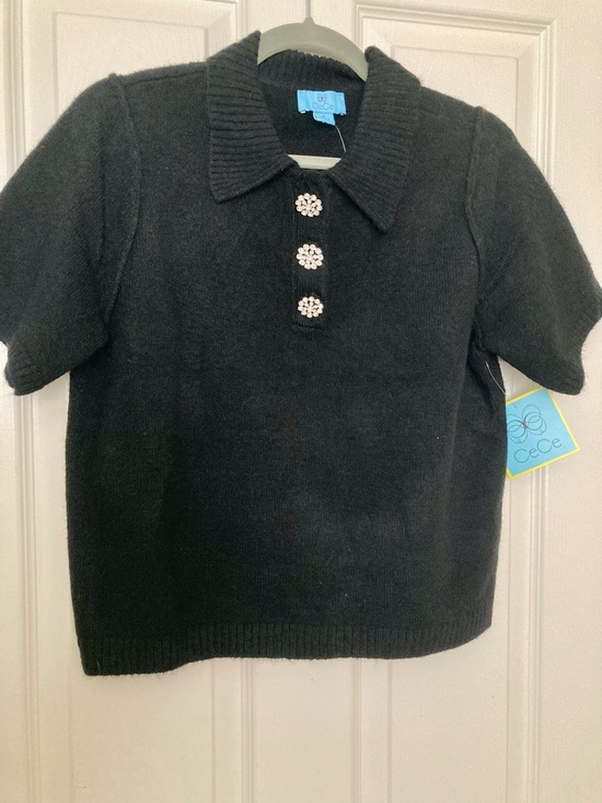 CeCe Sweaters - CeCe Black Short-Sleeve Knit Sweater with Rhinestone Flower Buttons